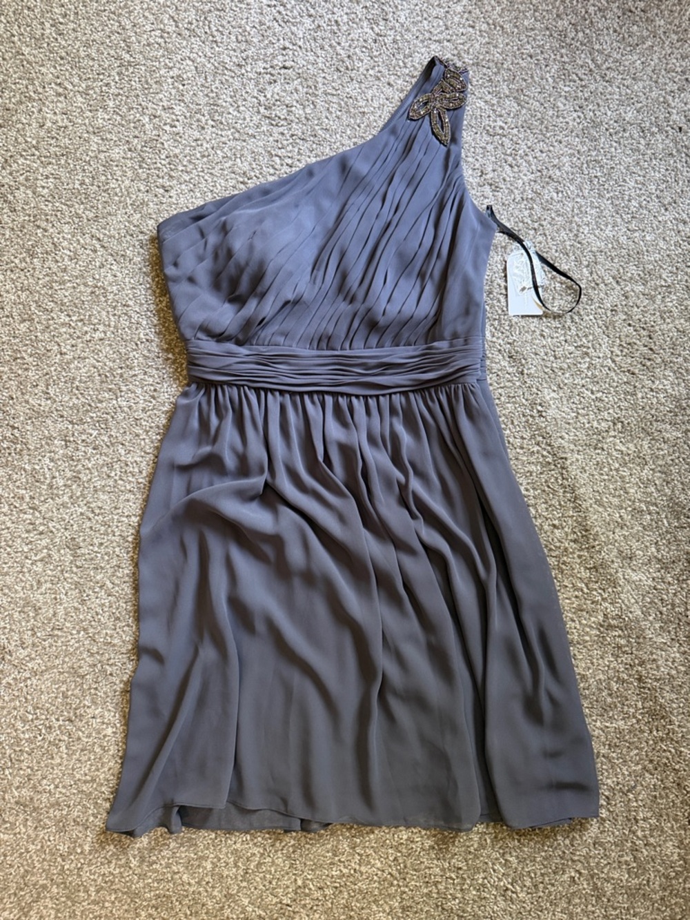 Jessica Simpson One-Shoulder Slate Gray Chiffon Dress with Beaded Accent